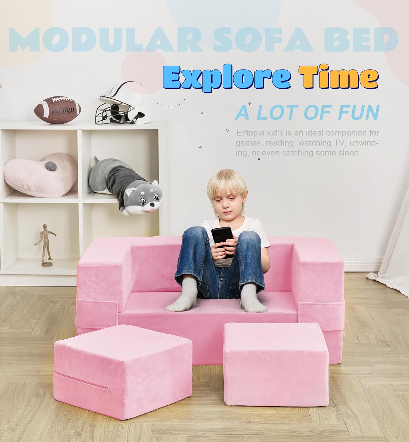 Modular Kids Sofa,Toddler Couch Foam Armchair for Kids, Children Convertible Plush Sofa Play Set,Fold Out SofaBed(Pink)
