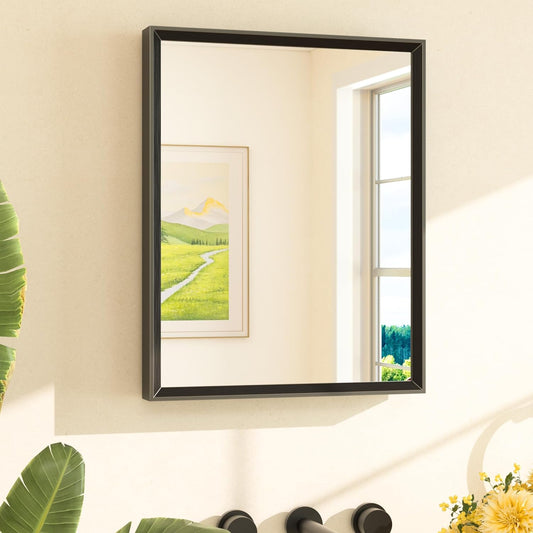 TETOTE Black Bathroom Mirror 16" x 20" Matte Black Rectangle Beveled Framed Bathroom Vanity Mirror for Over Sink, Tempered Glass, Shatterproof, Stronger Frame, Modern Farmhouse Bedroom, Entryway