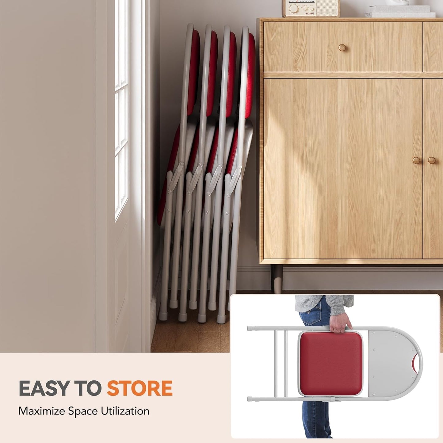 GarveeHome 2 Pack Folding Chairs with PU Leather Padded Cushion and Back, Metal Foldable Chair for Indoor Outdoor, Commercial Stackable Guest Chairs for Camping, Dining Room, Office, Party, Red