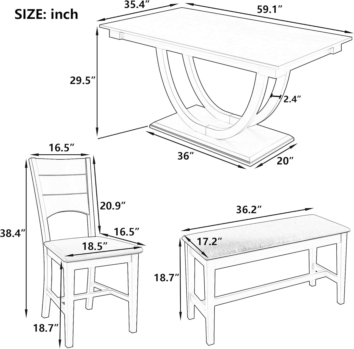 Ball & Cast Dining Table Set for 6,6-Piece Kitchen Table Set W/ 1 Bench & 4 Cushioned Chairs,59" Rectangular Desk W/Half Round Legs & Rectangle Base,for Dining Room,Kitchen,Restaurant,Gray