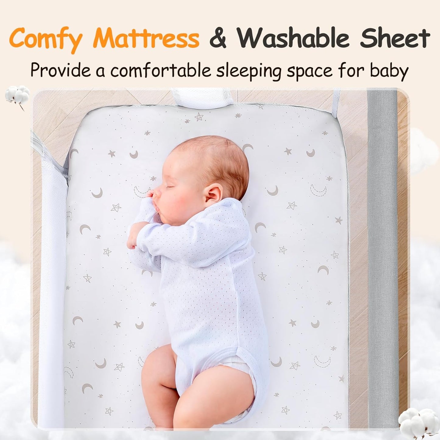 Ezebaby Bedside Bassinet for Baby, Portable Baby Bassinet Bedside Sleeper for Newborn Infants with Wheels Storage Basket, Adjustable 7 Heights and All Mesh Sides