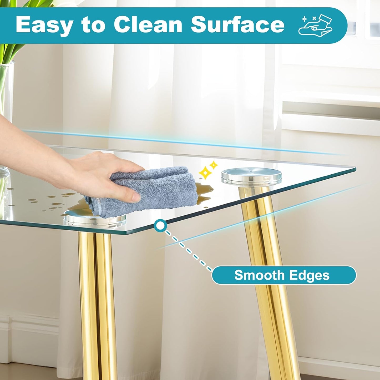 Dining Table for 6 Kitchen Table 47.2" Rectangular Modern Glass Dining Table Kitchen & Dining Room Tables with Glass Tabletop and Metal Legs for Dining Room and Kitchen, Champagne