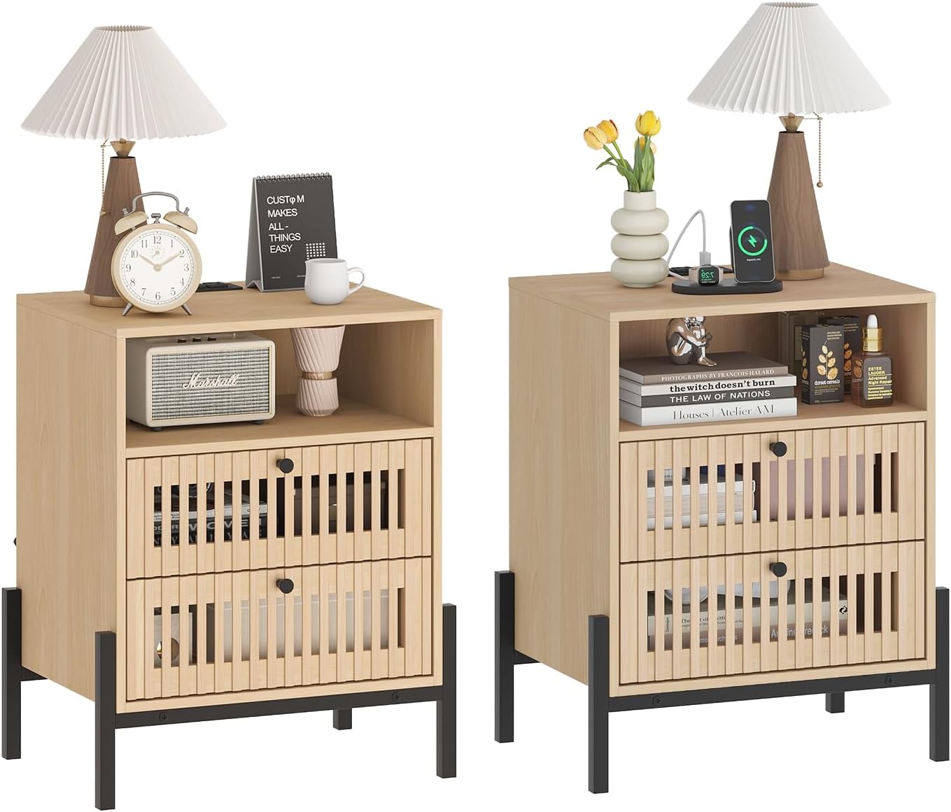 Vabches End Table Industrial Style Nightstand with USB Ports and Outlets, Bedside Table with 1 Open Shelf and 2 Hollowed Drawers for Bedroom, Living Room, Set of 2