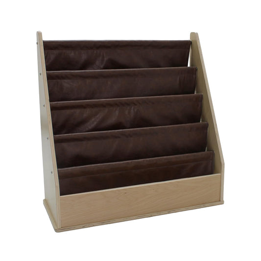 Factory Direct Partners Rustic Kid Birch Sling Book Display; Distressed Faux Leather 4-Shelf Storage for Books or Magazines; Furniture for Bedroom, Playroom, Daycare or Classroom - Walnut, 13745-323