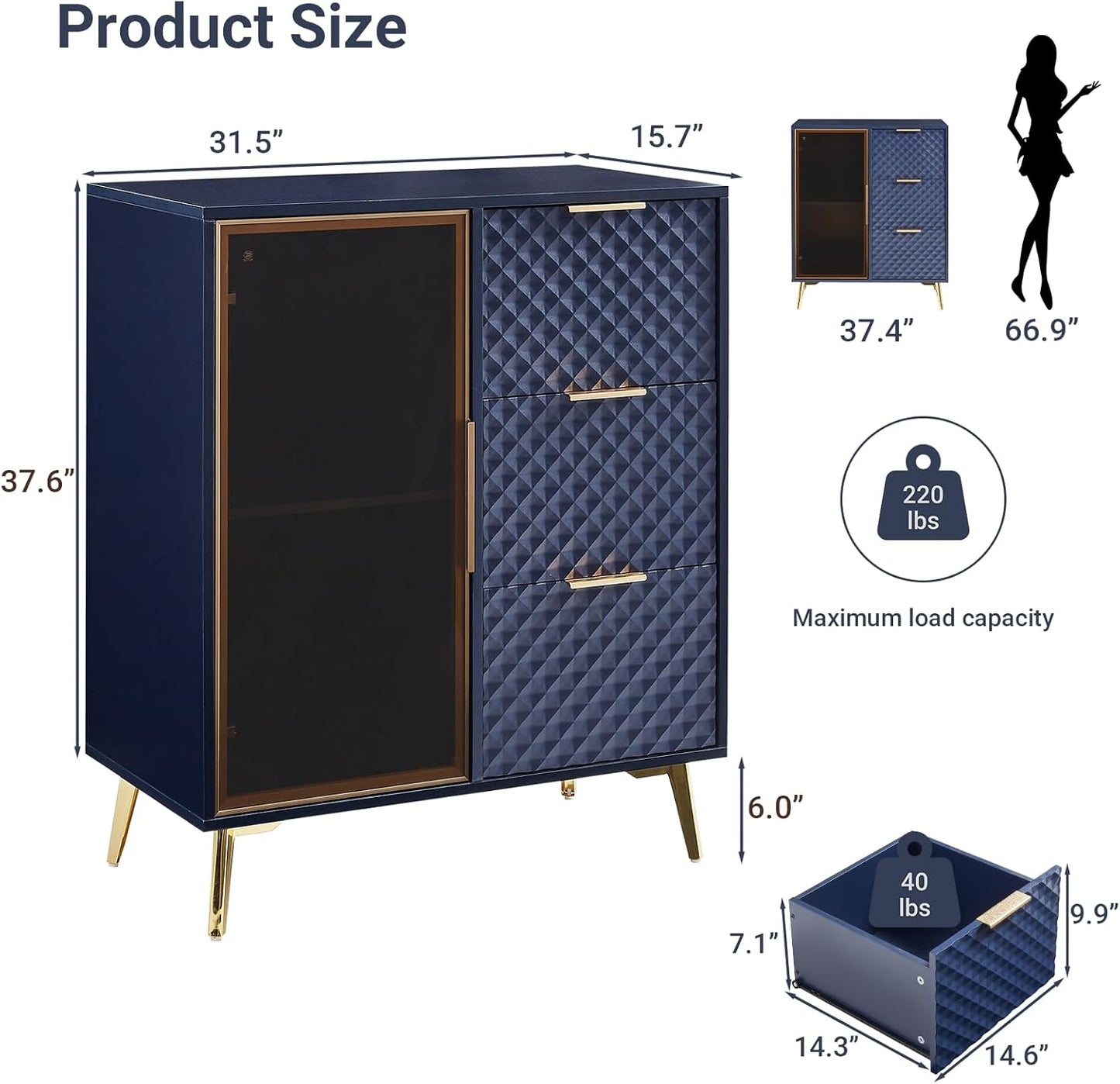 Rovibek Modern Sideboard Cabinet with Storage, Small Kitchen Buffet Cabinet with Glass Door & 3 Drawers, 31" Accent Sideboard Buffet for Kitchen, Living Room, Blue