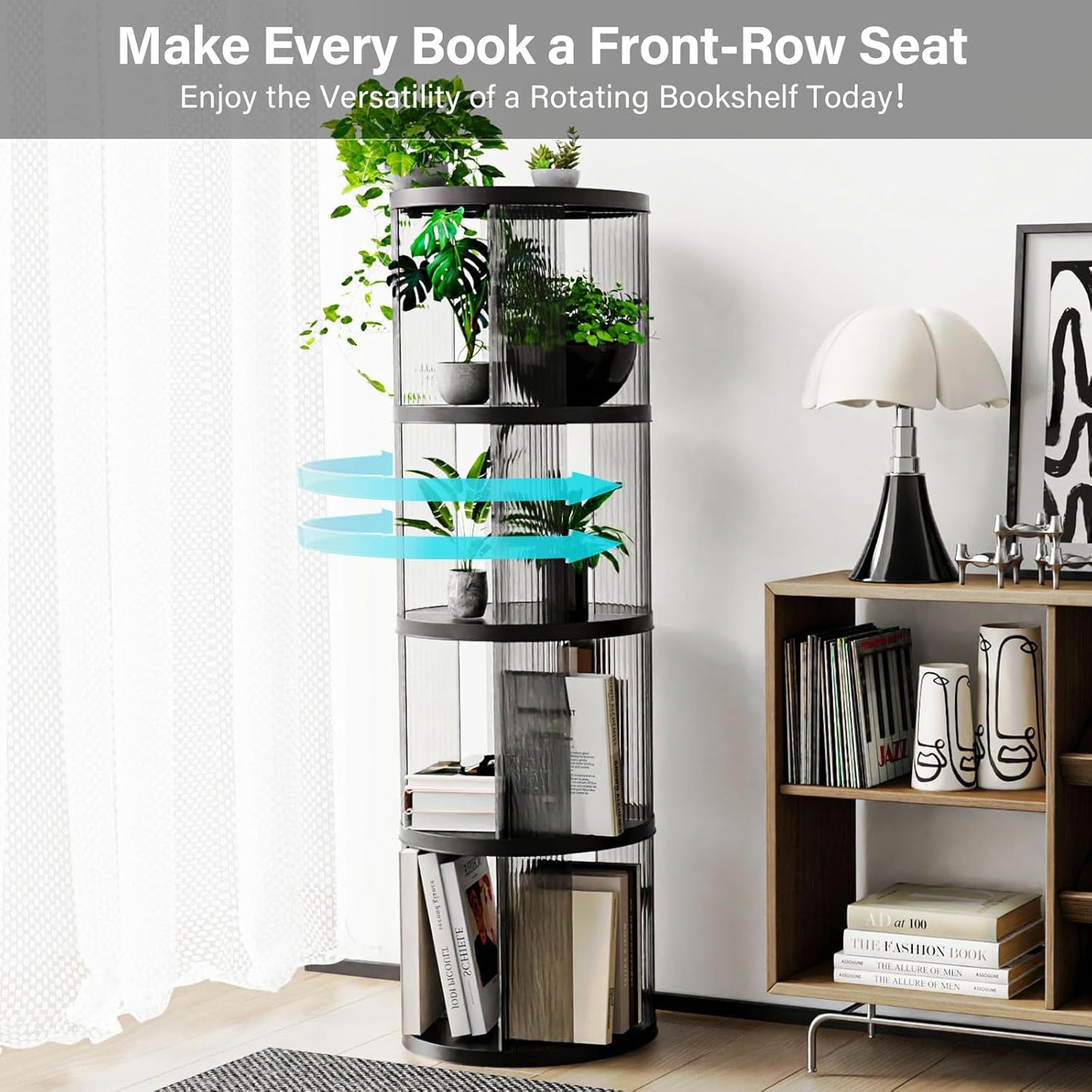 4 Tier Rotating Bookshelf, Small Corner Bookshelf for Small Space, 360 Display Floor Standing Bookcase, Lazy Susan Plastic Narrow Book Organizer for Bedroom, Living Room, Round, Black