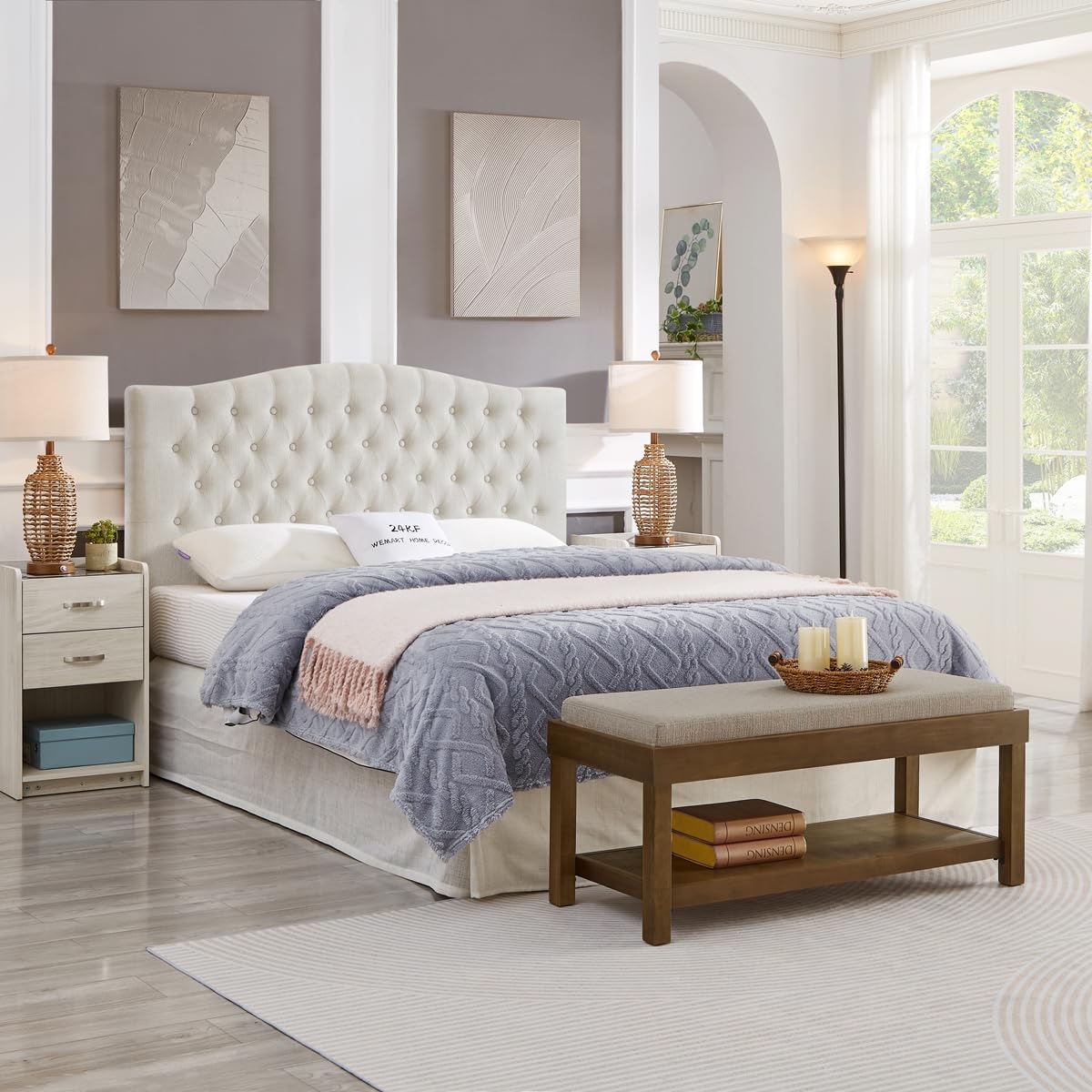 24KF Large Rectangular Storage Bench,Upholstered Seat Cushion,Ottoman Coffee Table with Linen Removable Cushion for Living Room,Entryway Bench Bed Bench with Solid Wood Shelf,5069-Linen