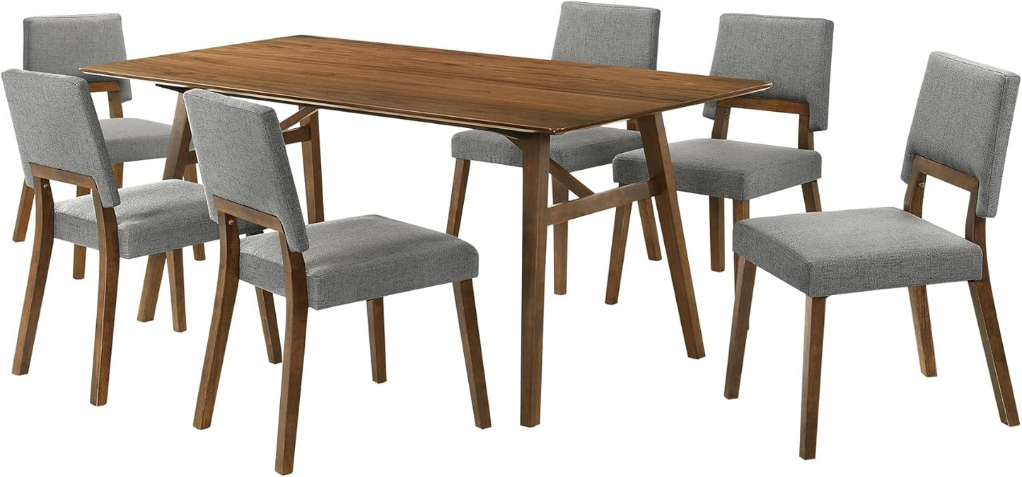 Armen Living Channell Mid Century Modern 7 Piece Walnut Wood Dining Table Set with Charcoal Fabric