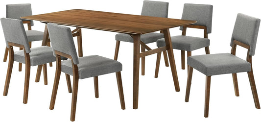 Armen Living Channell Mid Century Modern 7 Piece Walnut Wood Dining Table Set with Charcoal Fabric