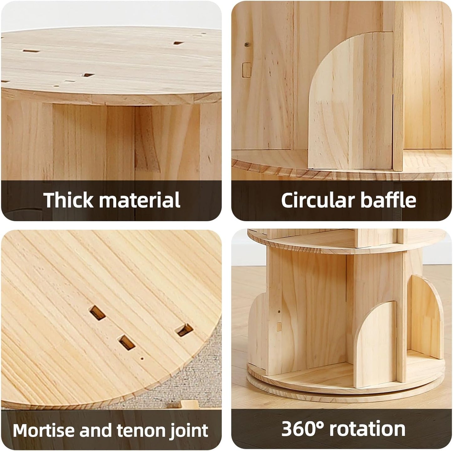 Rotating Bookshelf Tower, 4 Tier 360 Display Spinning Bookshelf, Solid Wood Revolving Bookcase for Kid Adult, Corner Floor Rotating Bookcase for Bedroom, Living Room, Study Room, Small Space