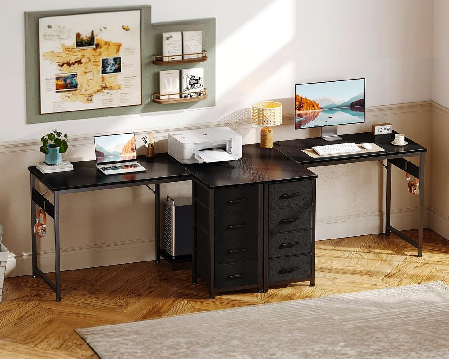 Casaottima L Shaped Desk with 4 Drawers, 40" Small Corner Computer Desk with Storage, Reversible Kids Study Table with CPU Stand & Hook, Work Table for Home Office, Black
