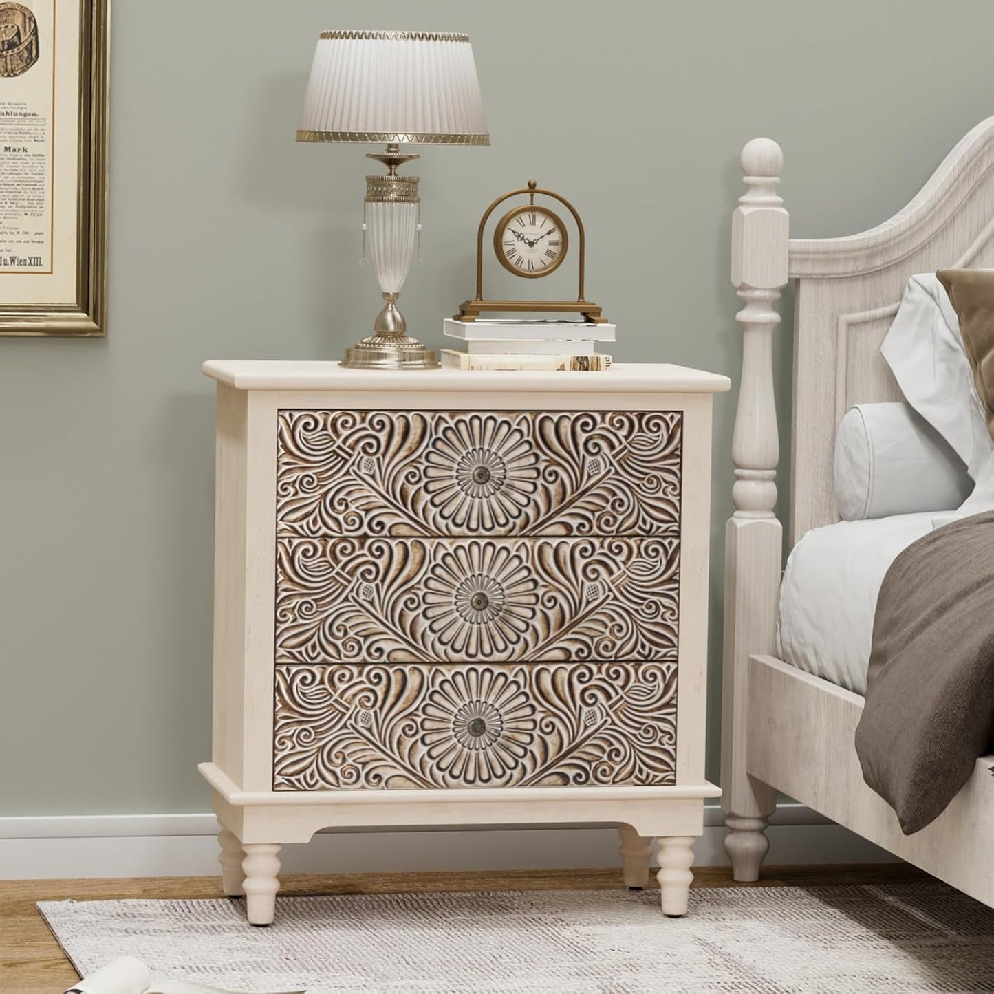 COSIEST 3 Drawers Accent Dresser, Vintage Small Accent Chest with 4 Wood Legs, Free-Standing Buffet Server Nightstand End Table for Bedroom, Living Room, Entryway