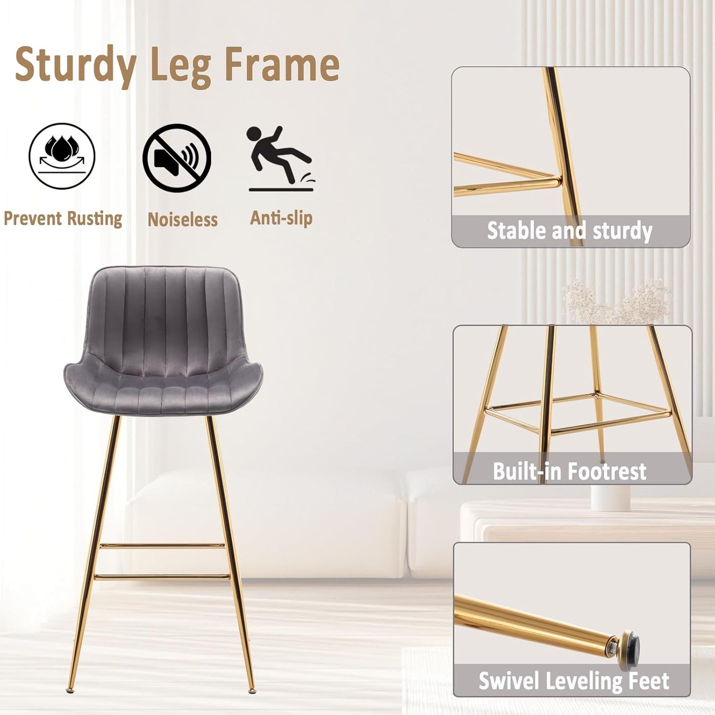 Sidanli Gold Bar Stools Set of 2, 29” Velvet Barstools, Kitchen Chairs for Counter Height with Back and Footrest, Gray