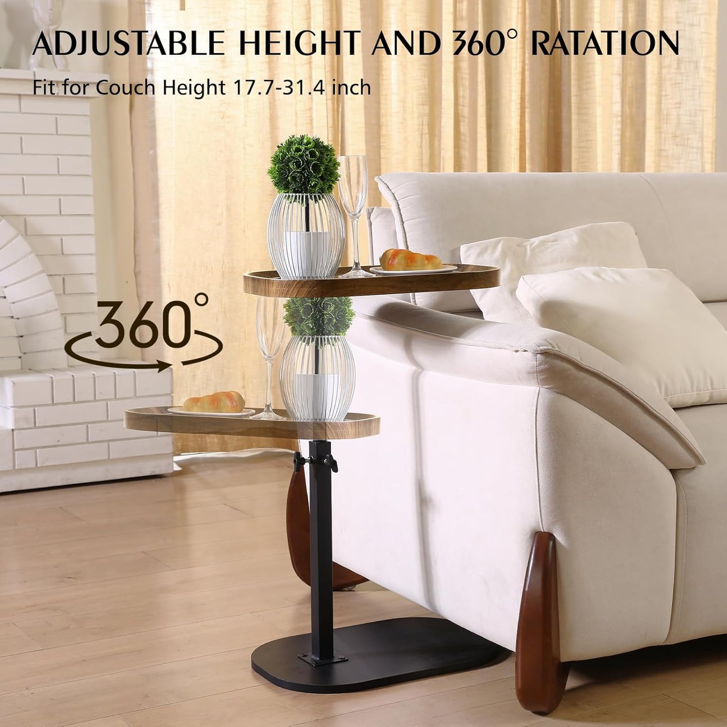 360° Swivel TV Tray Table for Dinner,Adjustable Small Bedside Table with Wheels, C Shaped End Table for Couch, Couch Side Tables That Slide Under Sofa and Bed, Suitable for Coffee,Snack,Drink