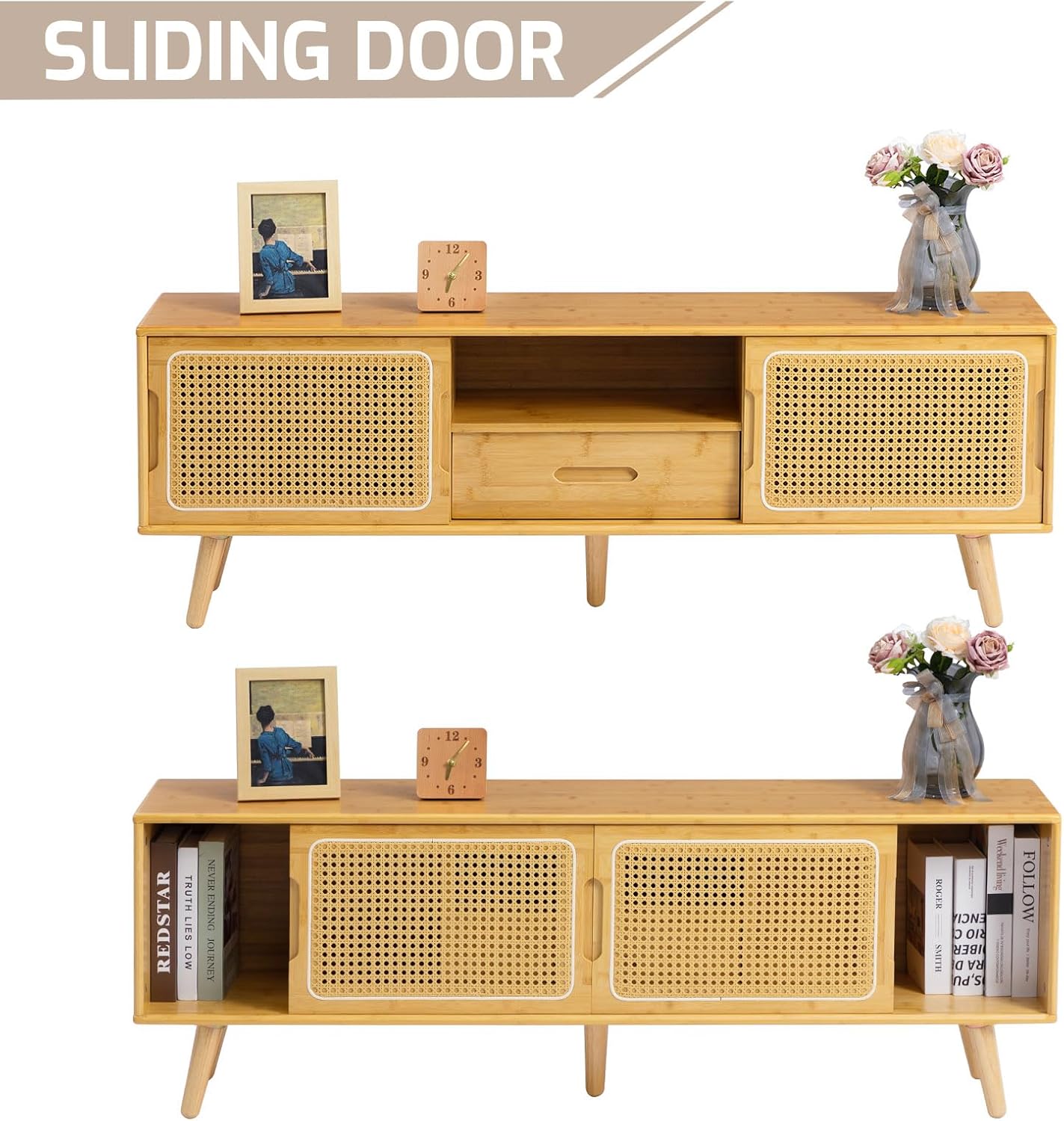 HollyHOME Bamboo TV Stand with Storage for TVs up to 65", Modern Entertainment Center with Rattan and Drawer, Accent TV Table with 2 Shelf, Media Console Cabinet for Living Room, Bedroom, Burlywood