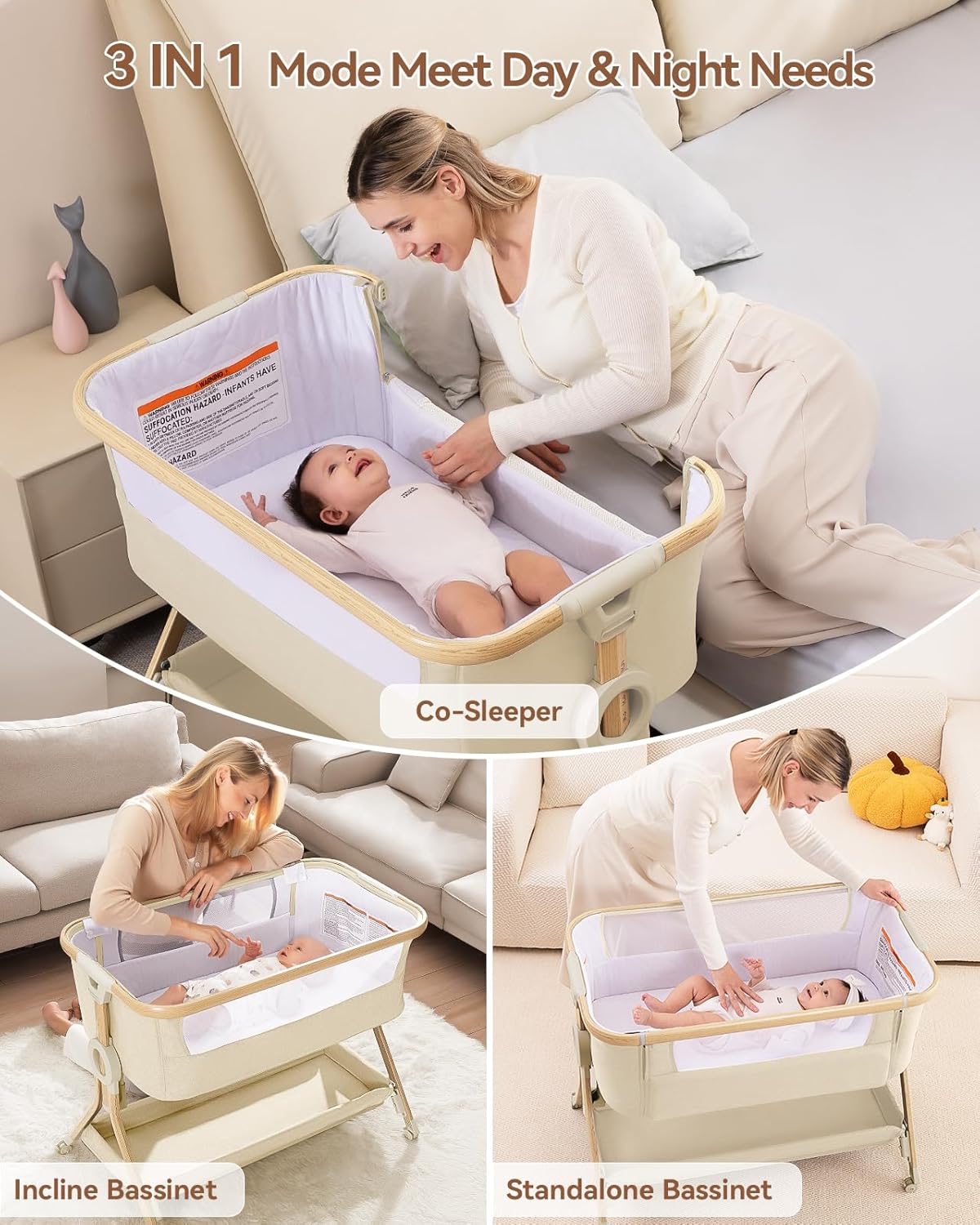 Larex Baby Bassinet, Baby Bassinet Bedside Sleeper with Storage Basket and Wheels, Height Adjustable Portable Crib for Newborn Infant, Easy Assemble and Folding(Khaki)