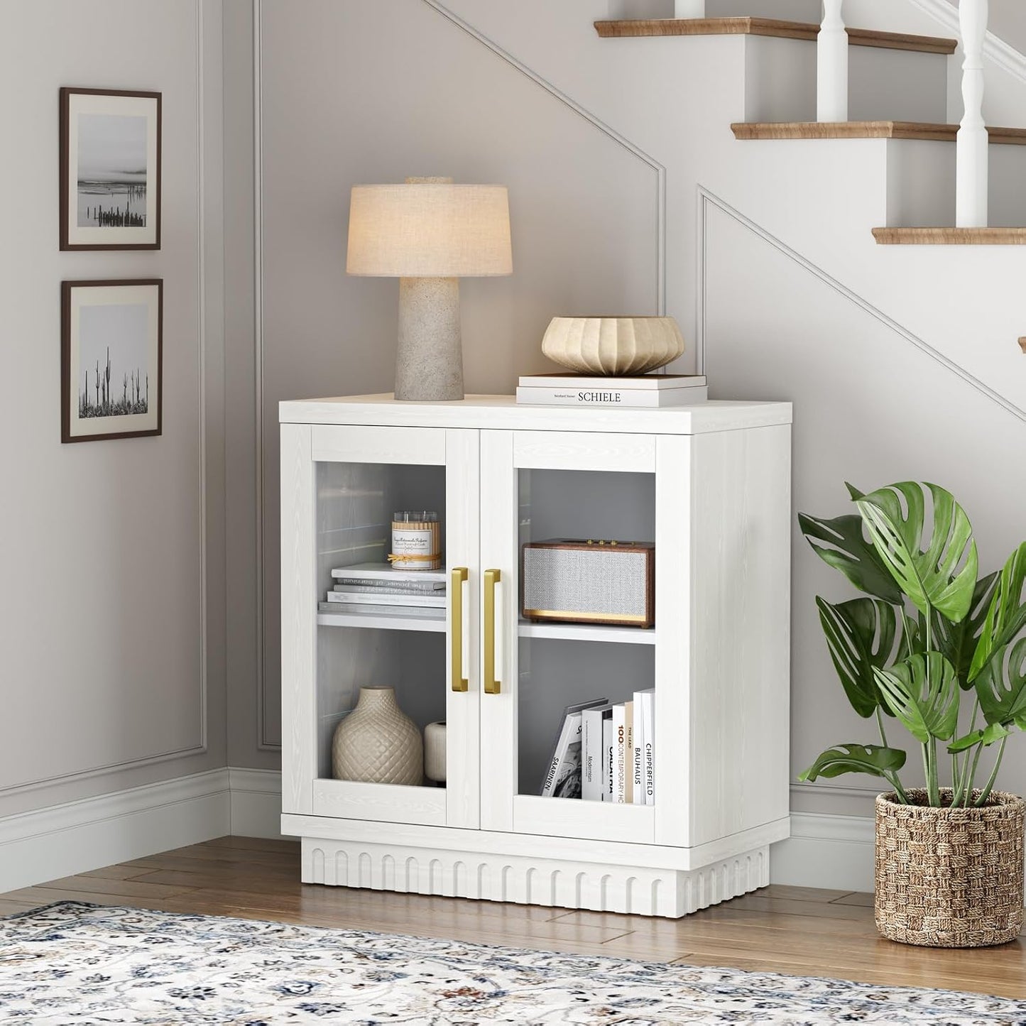 Buffet Cabinet with Storage, Sideboard Buffet with Glass Doors, Cupboard Console Table Accent Cabinet for Hallway, Entry, Kitchen, Living Room, Dining Room, Montauk White