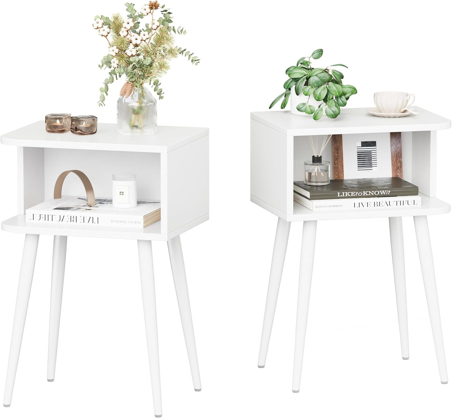 White Nightstand Set of 2, Small Bed Side Table for Small Spaces, Mid Century Modern Nightstand End Table with Open Storage, Side Table for Bedroom Living Room, MLBZ20W-2
