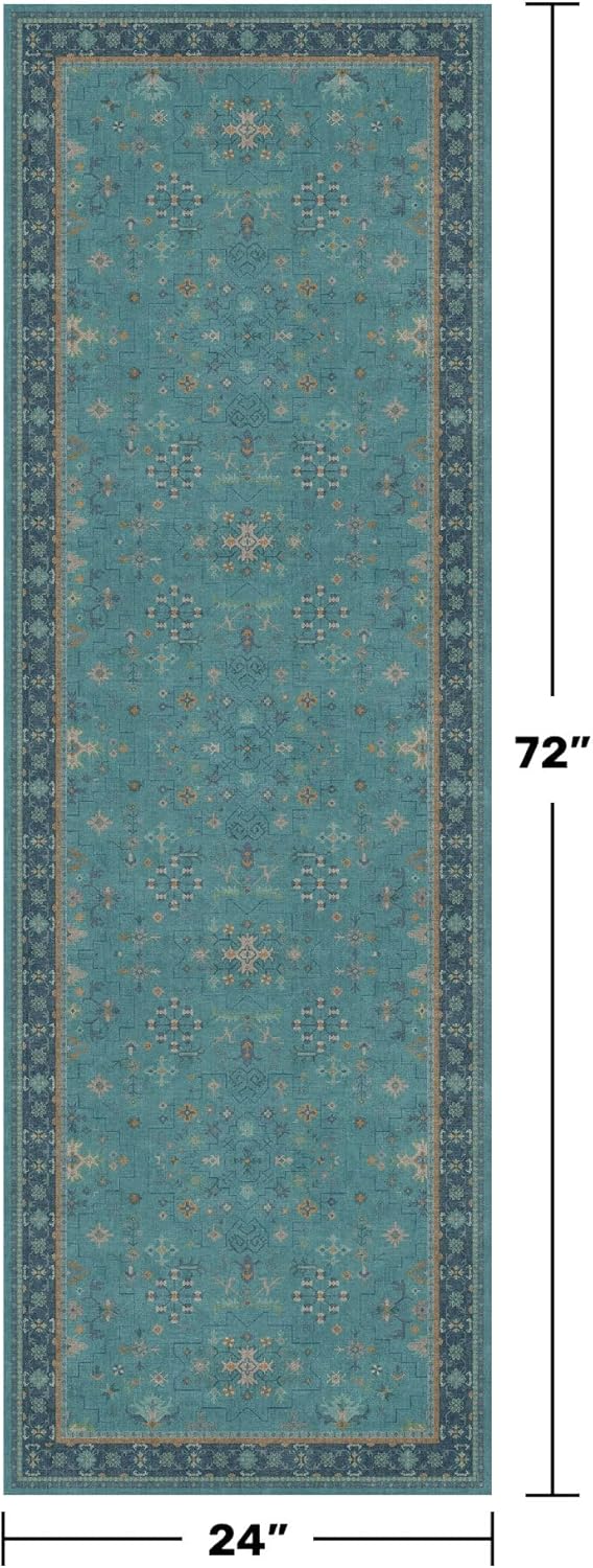 Boho 2x6 Non Slip Kitchen Rug Runner - Teal Washable Rug for Bathroom, Laundry Room, Hallway, Non Slip with Rubber Backing, Floral Aqua Blue Unique Runner Décor