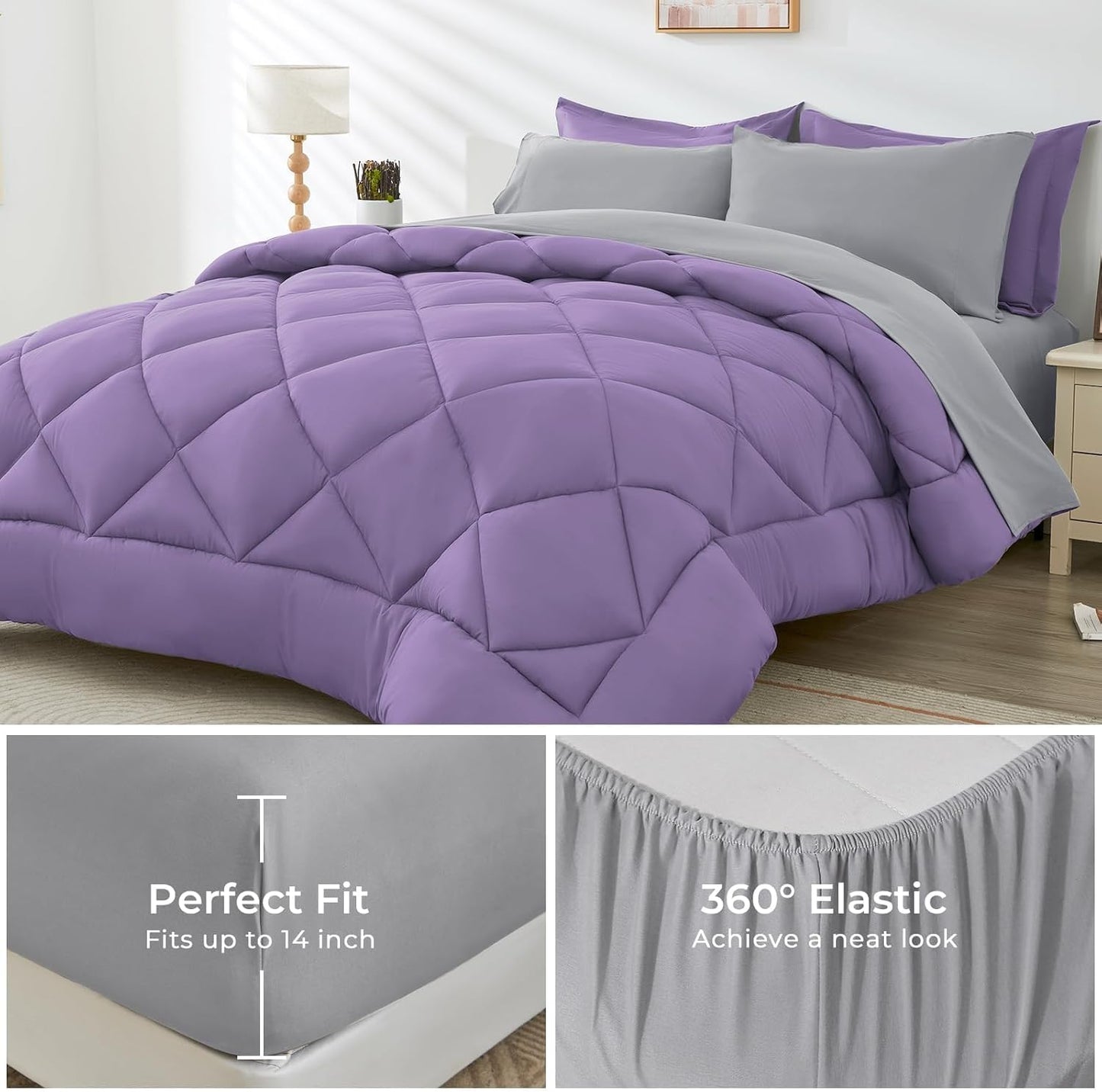 HEVUMYI Twin Comforter Set - 5-Piece All Season Bed in a Bag Twin, Ultra Soft Bedding Set with Comforter, Flat Sheet, Fitted Sheet, Pillowcases, Pillow Shams, Purple & Light Grey
