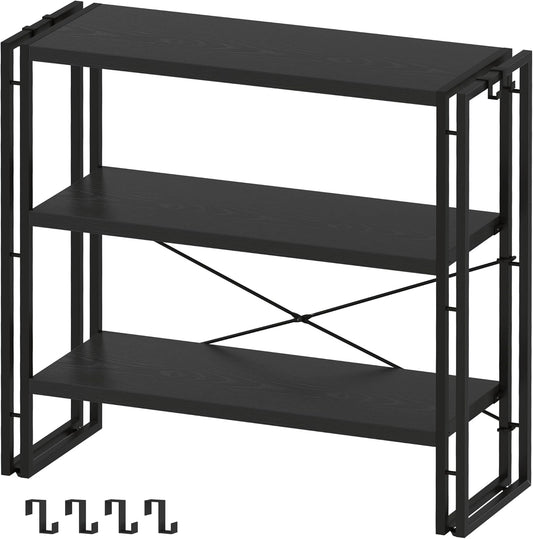 HCHQHS Bookshelf, 3-Tier Industrial Bookcase, Black Open Book Shelf, Freestanding Horizontal Bookshelves with Metal Frame
