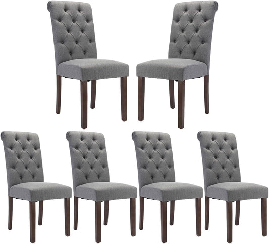 COLAMY Tufted Dining Chairs Set of 6, Parsons Dining Room Chairs Upholstered Fabric Diner Chair Stylish Kitchen Chairs with Solid Wood Legs and Padded Seat - Grey