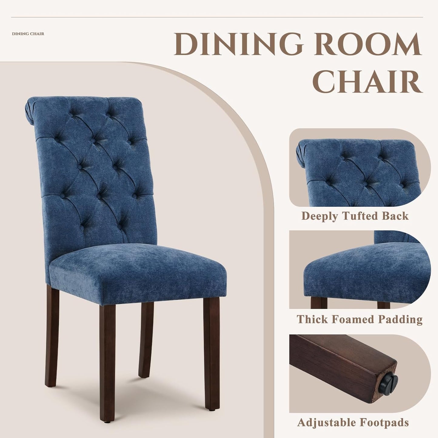 COLAMY Button Tufted Dining Chairs Set of 6, Parsons Upholstered Fabric Dining Room Chair Kitchen Chairs with Wood Legs and Padded Seat, Blue