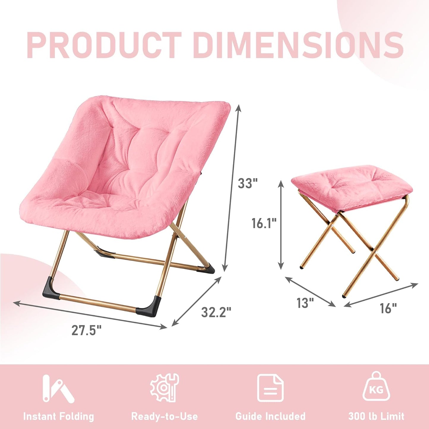 Comfy Oversized Saucer Chair with Ottoman,Soft Faux Fur Reading Lounge Chair for Adults,Stable X-Large Metal Frame and Non-Slip Pad,Cozy Chair for Bedroom, Living Room, Dorm, Office, Pink