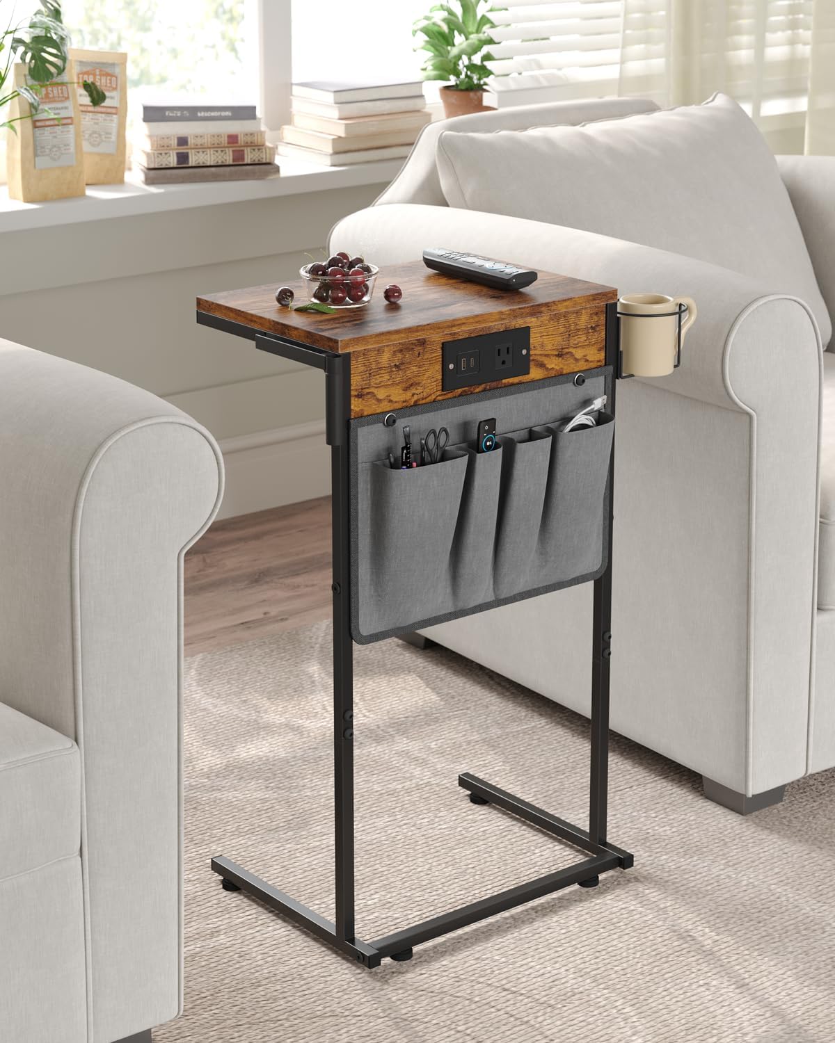 C Shaped End Table with Charging Station, Small TV Tray with Cup Holder and Phone Holder, Couch Side Tables that Slide Under with Storage Bag for Sofa, Recliner, Rustic Brown