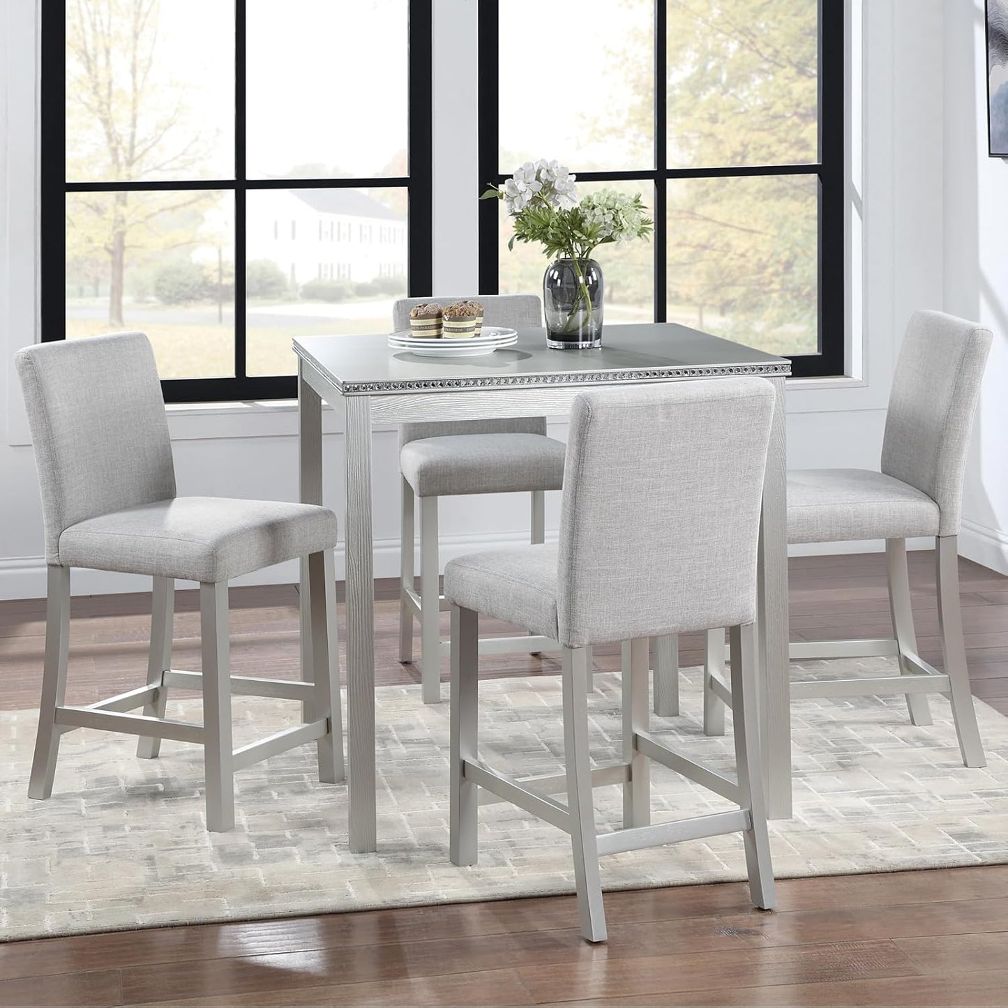 KEIKI 5-Piece Counter Height Dining Table Set with Square Table and 4 Upholstered Chair, for 4 Person, Modern Crystal Decoration Wooden Table Set, Easy Assembly, for Kitchen, Dining Room, Silver Grey