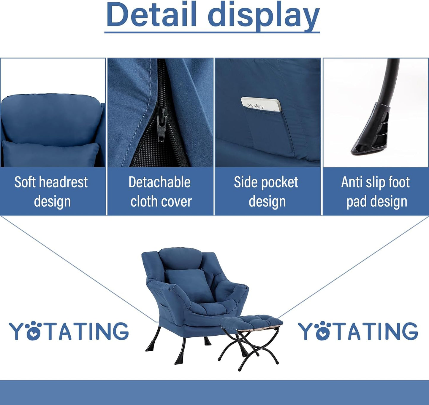 Lazy Chair with Ottoman, Comfy Reading Chair with Footstool & Pillow Modern Lounge Chair with Armrests & Side Pocket for Living Room, Bedroom, Dorm Room，Royal Blue