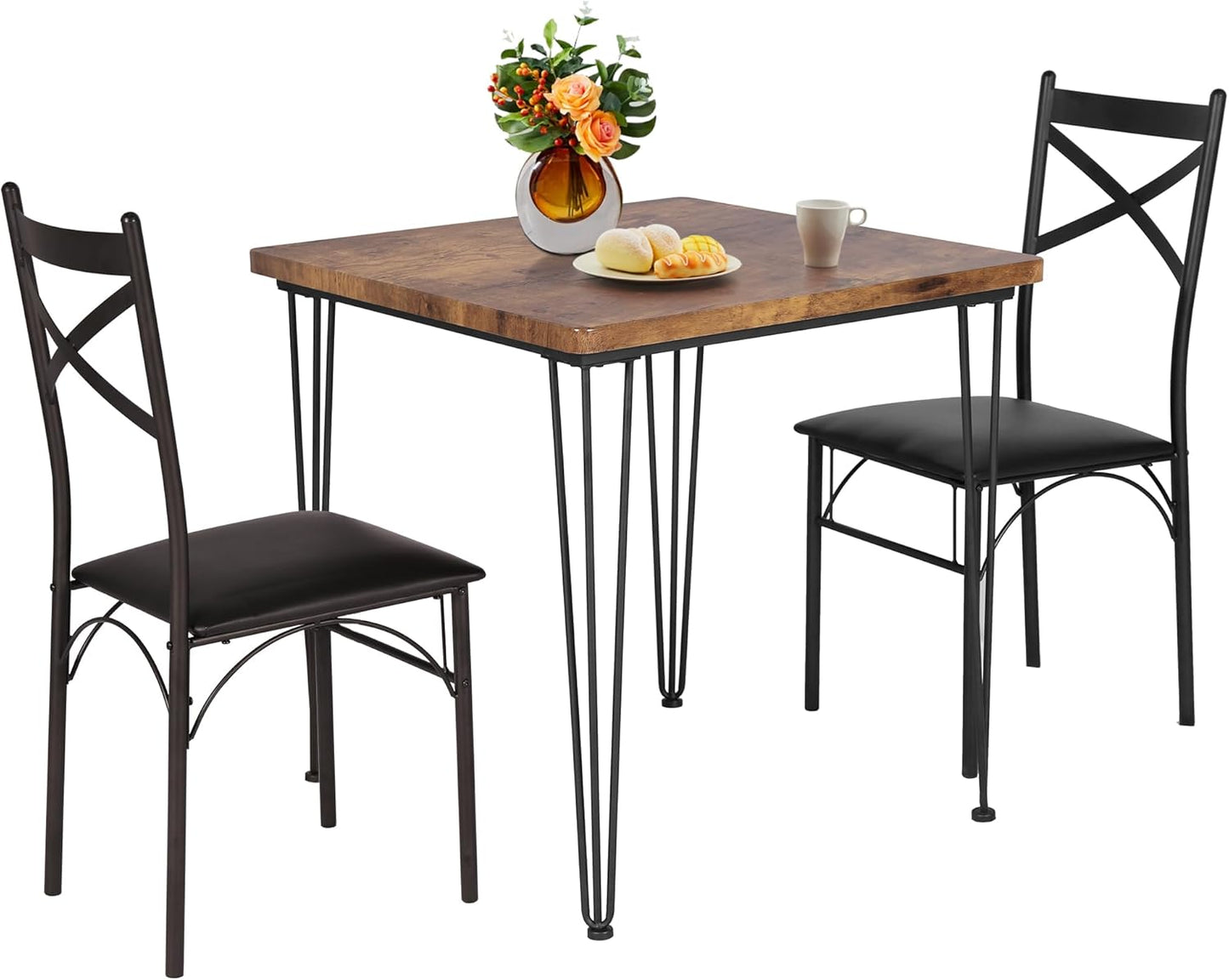VECELO Kitchen Dining Room Table Set with 2 Chairs for Small Space, Apartment,Metal Steel Frame