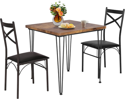 VECELO Kitchen Dining Room Table Set with 2 Chairs for Small Space, Apartment,Metal Steel Frame