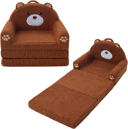 MOONBEEKI 2-in-1 Foldable Toddler Couch, Soft Sherpa Fabric with Washable Cover, Convertible Sofa to Lounger, Kids Sofa for Playroom, Bedroom, Living Room, Birthday Gift, Ages 3-6, Bear, Large