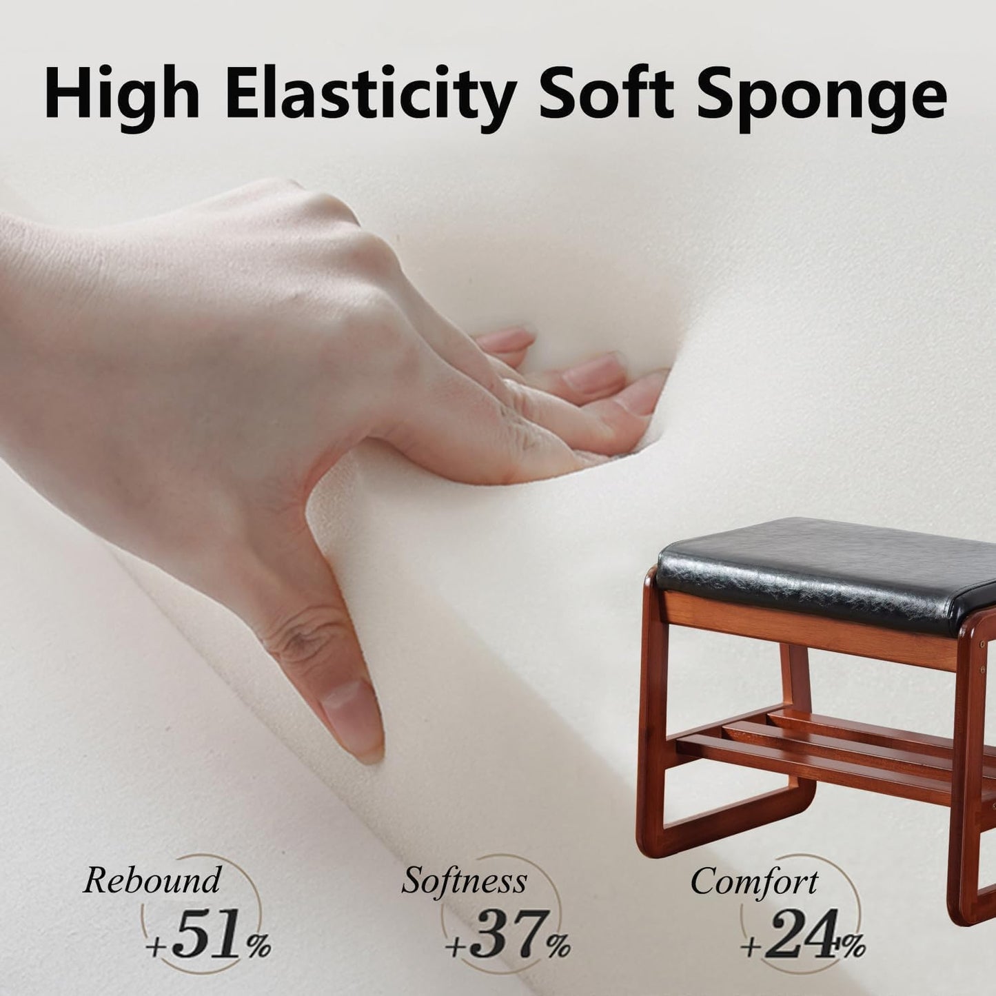 Solid Wood Shoe Bench, 2-Tier Wooden Entryway Bench, Modern Shoe Rack with Faux Leather Cushion for Hallway, Living Room (Black, 31.5'')