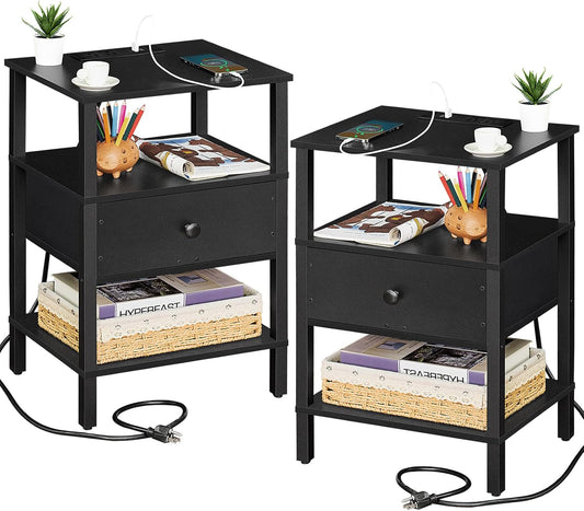 Lerliuo Nightstand Set of 2 with Charging Station and USB Ports, 3-Tier Storage End Table with Drawer Shelf, Night Stand for Small Spaces, Wood Bedside Table for Living Room, Bedroom - Classic Black