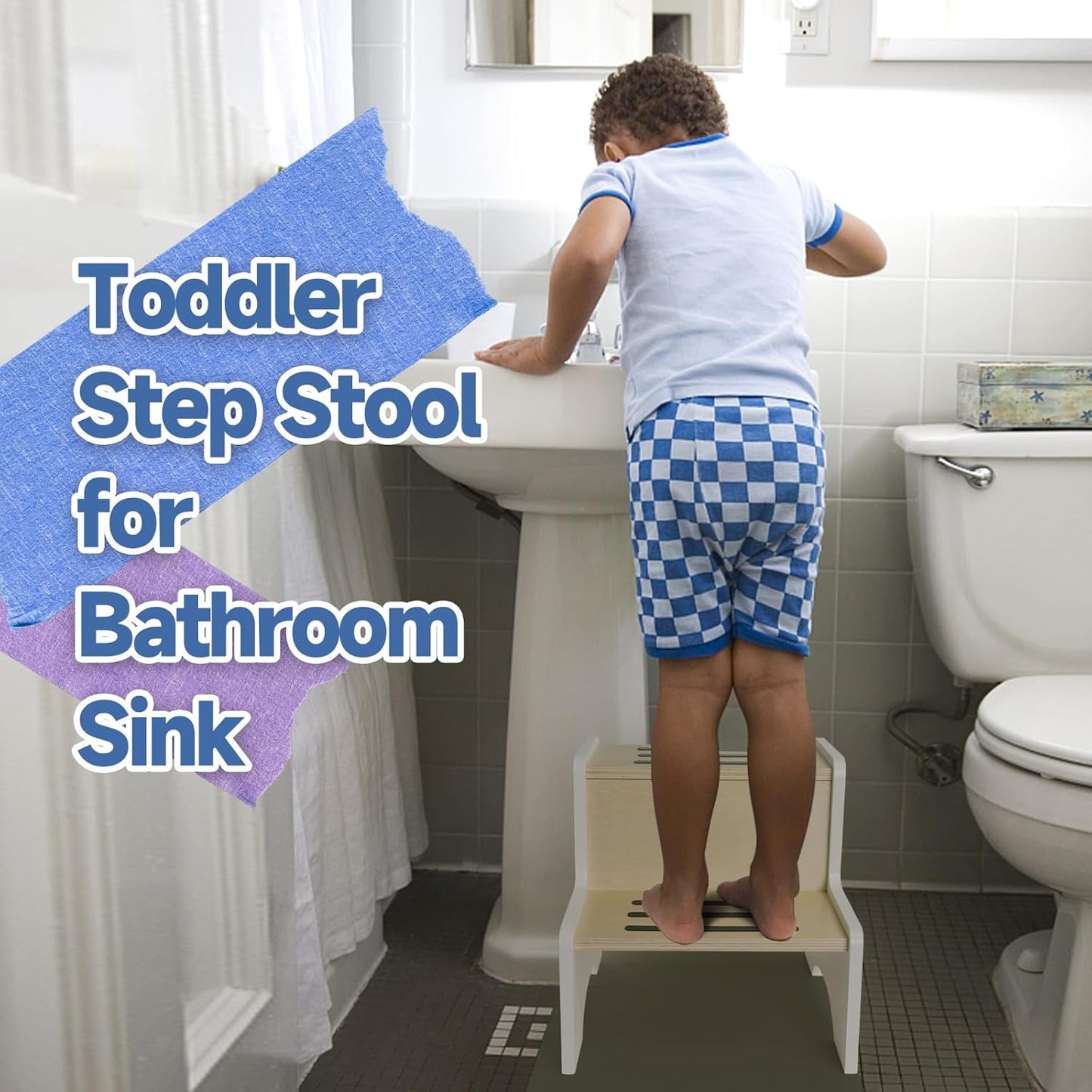 WOOD CITY Kids Step Stool for Toddler, Wooden White-Natural Patchwork Two Step Children's Stool with Handles, Bonus Non-Slip Pads for Safety, Bathroom Potty Stool & Kitchen Step Stools Dual Height