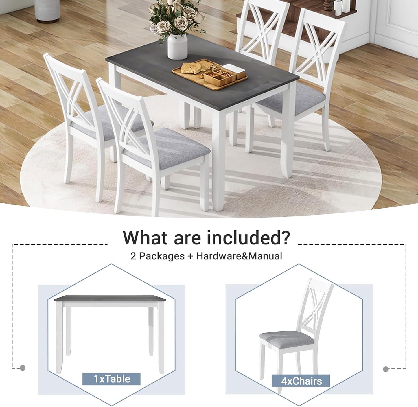 Ball & Cast Dining Table Set for 4 with 4 X-Back Chairs,5-Piece Wooden Living Room Furniture W/ 44.5" Rectangle Kitchen Desk,for Small Space,Apartment,Dining Room,Grey