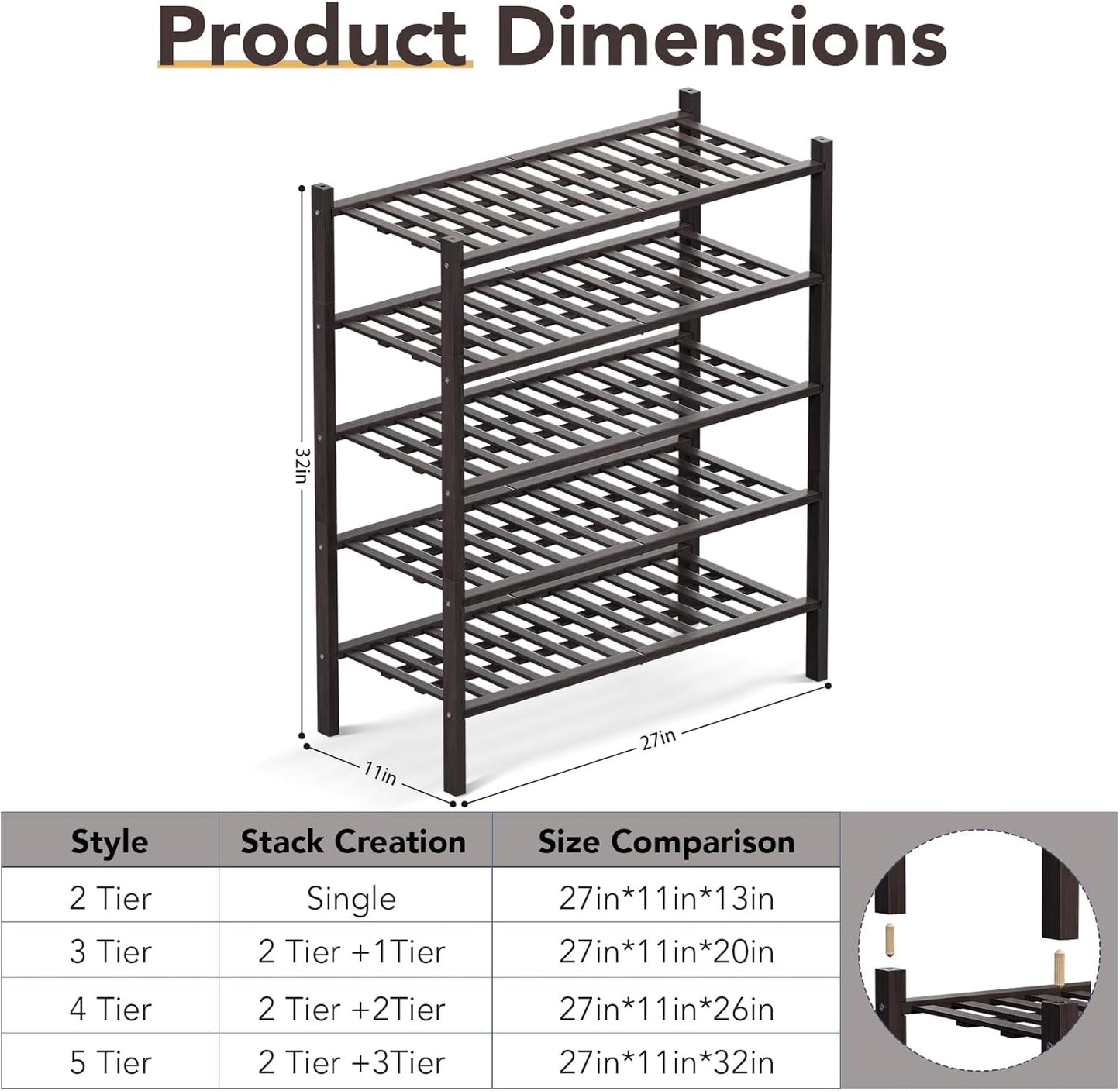 Haddockway 5 Tier Bamboo Shoe Rack Storage Organizer, Multifunctional Free Standing Stackable Shoe Shelf with Grid Panel for Closet,Hallway,Entryway,Small Space 27"x11"x32" (Brown, 5 Tier)