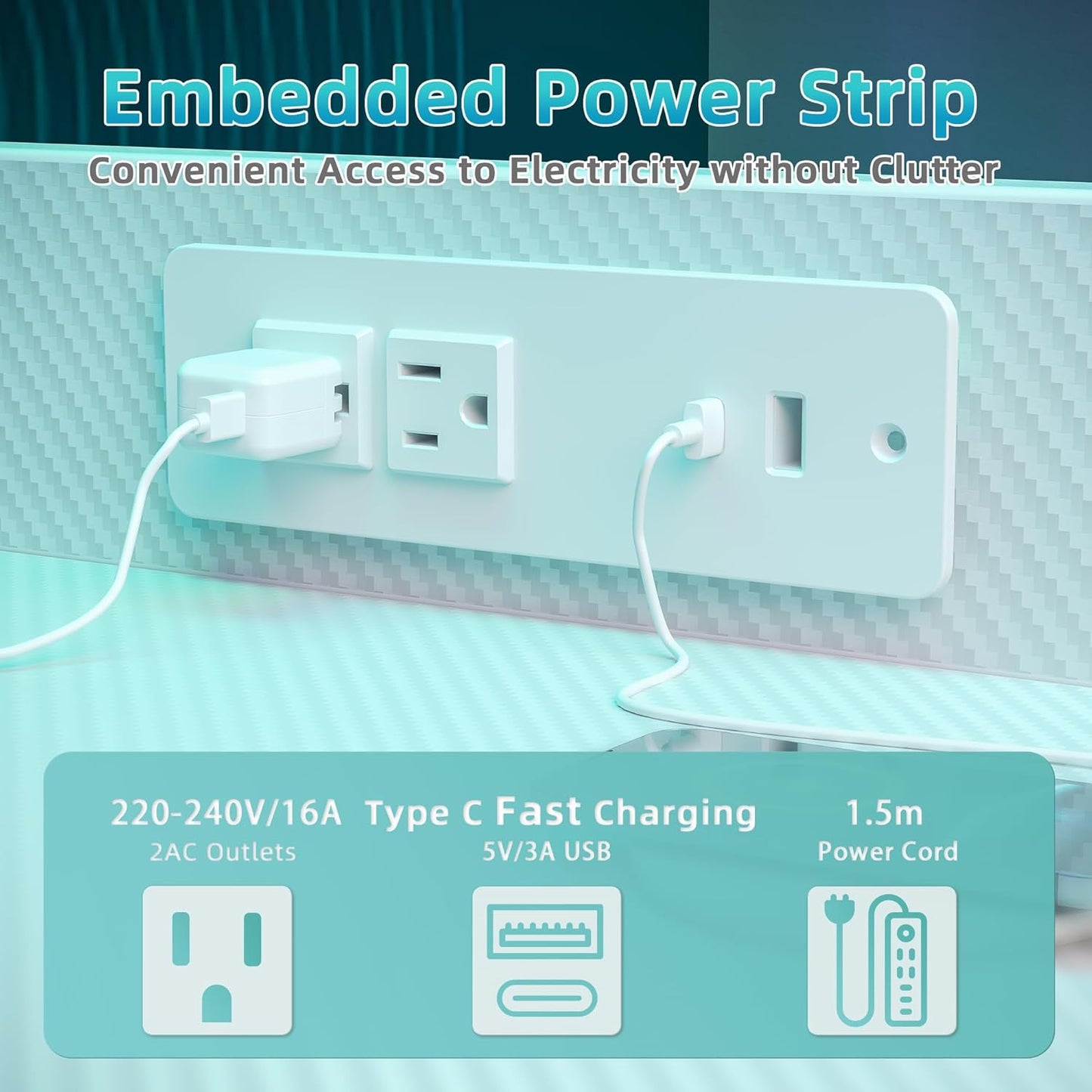 TIQLAB Gaming Desk 55 inch with Power Outlet and LED Light, Computer Desk with Reversible Shelves and Storage Drawer, Small PC Desk for Home Office Table with Bag, Carbon Fiber White