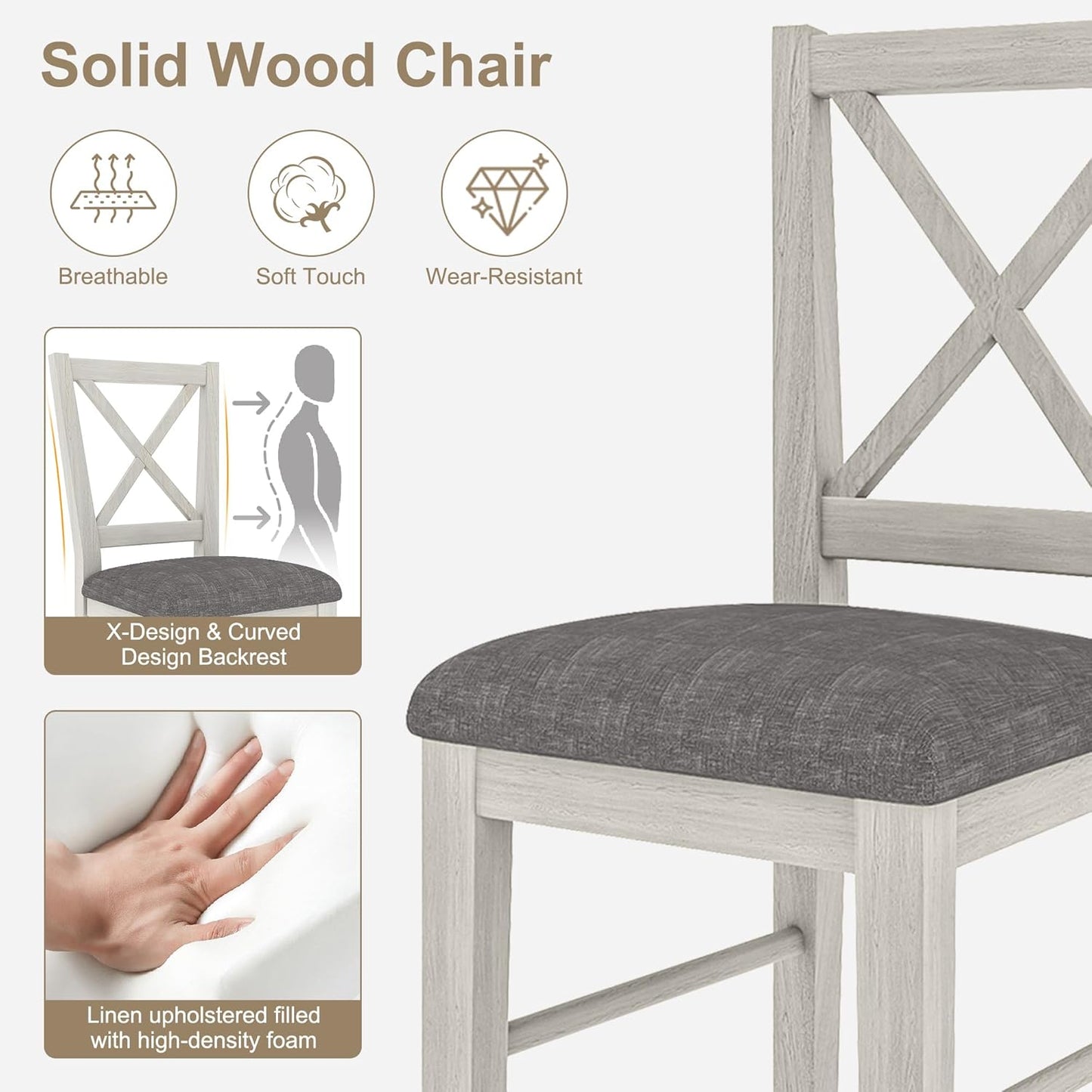 5-Piece Dining Table Set for 4, Solid Wood Kitchen Table Set with 4 Upholstered Dining Chairs, 47'' Farmhouse Structure Table & Chair Set for Kitchen, Dining Room, Restaurant, Washed Gray