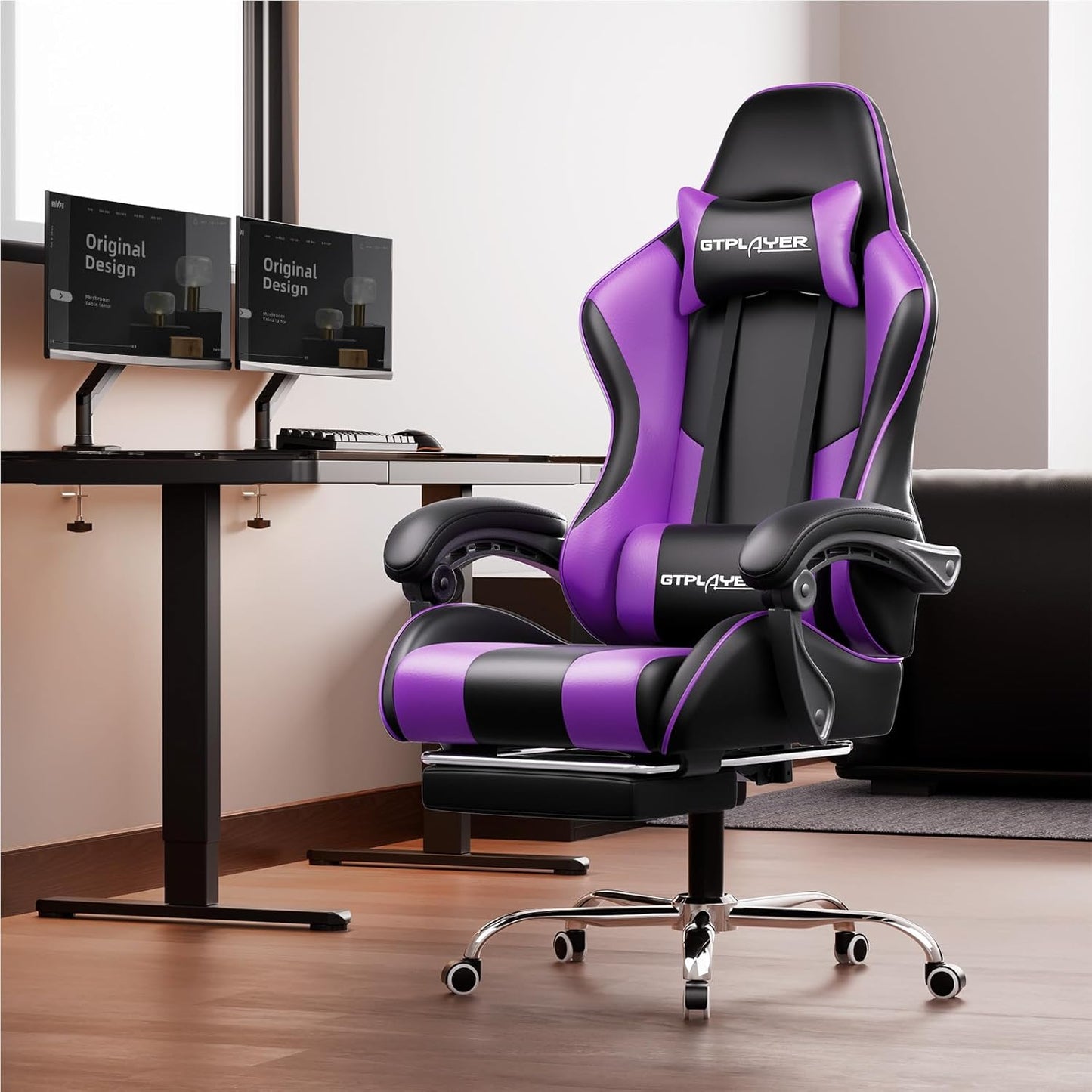 GTPLAYER Gaming Chair, Computer Chair with Footrest and Lumbar Support, Height Adjustable Game Chair with 360°-Swivel Seat and Headrest and for Office or Gaming (Faux Leather, Purple)
