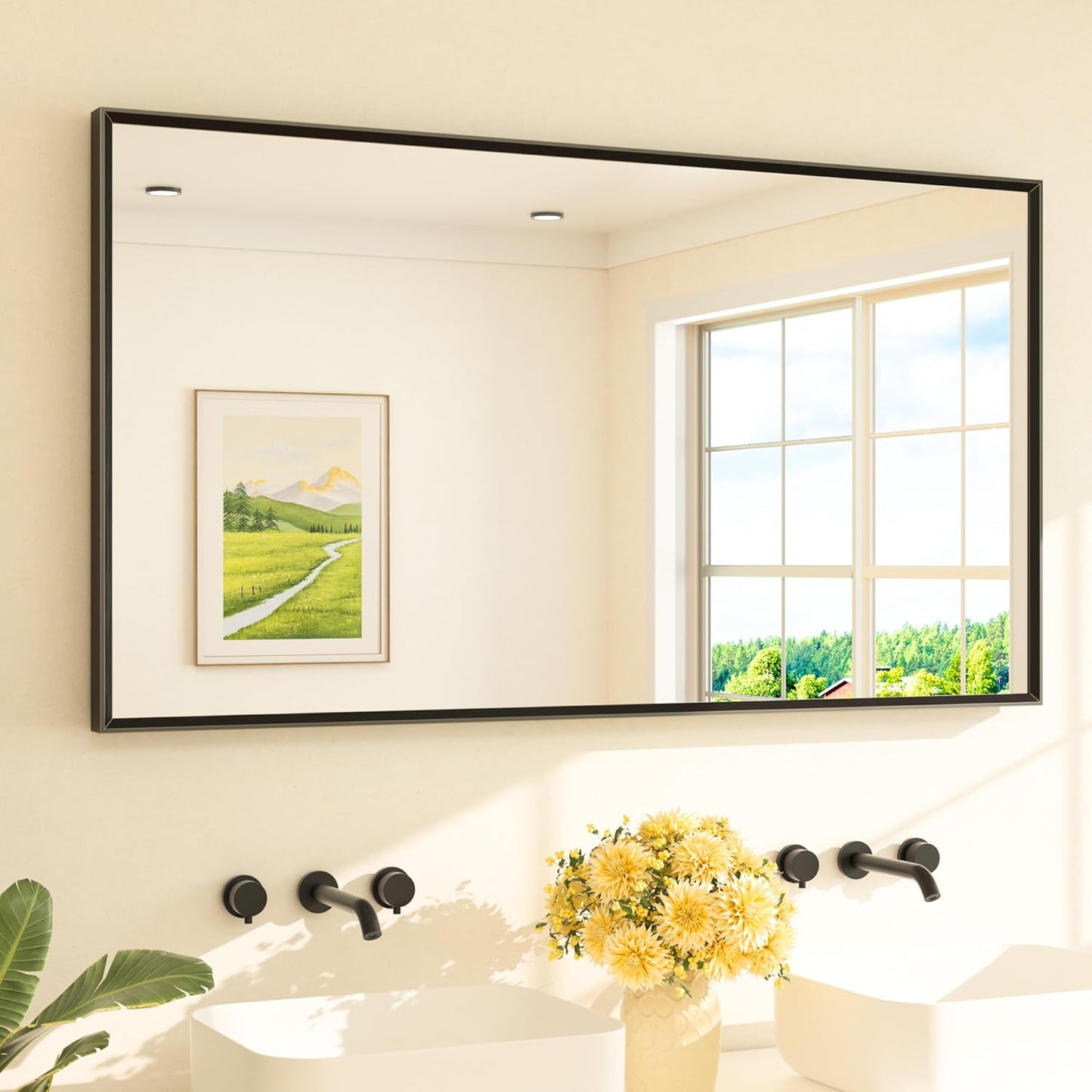 TETOTE Black Bathroom Mirror for Over Sink 55" x 30" Large Matte Black Beveled Metal Framed Rectangular Vanity Mirror for Bathroom, Bedroom, Entryway, Living Room, Tempered Glass, Shatterproof