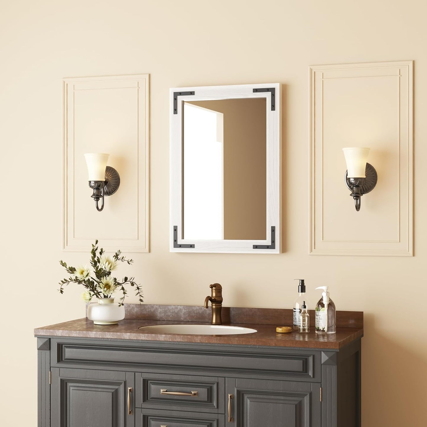 VocalStar White Wood Framed Mirror 18 x 26 Inch, Rustic Natural White Wooden Rectangle Bathroom Vanity Wall Mirror for Farmhouse Boho Decor, 1/4-inch Shatterproof Glass | Waterproof