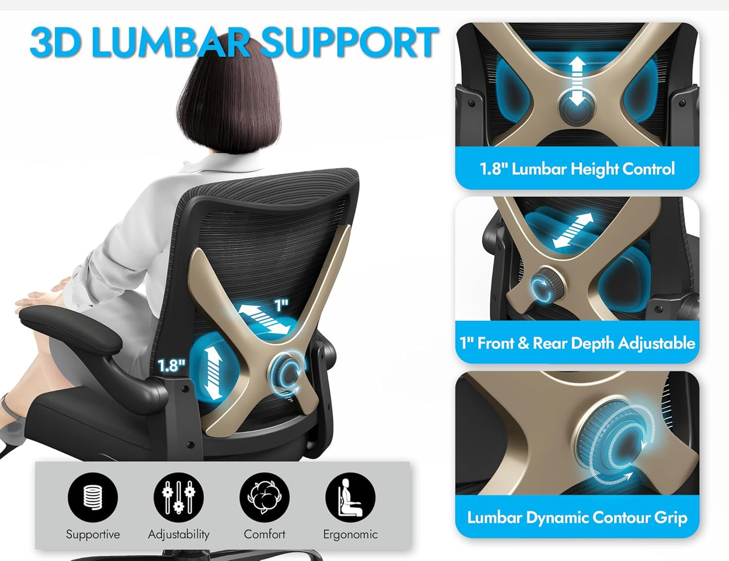 Ergonomic Office Chair - X-Shaped Computer Desk Chair Comfy, Gaming Chair, Office Chair with Lumbar Support, Mesh Office Chairs, Desk Chair for Long Hours(Black Gold)