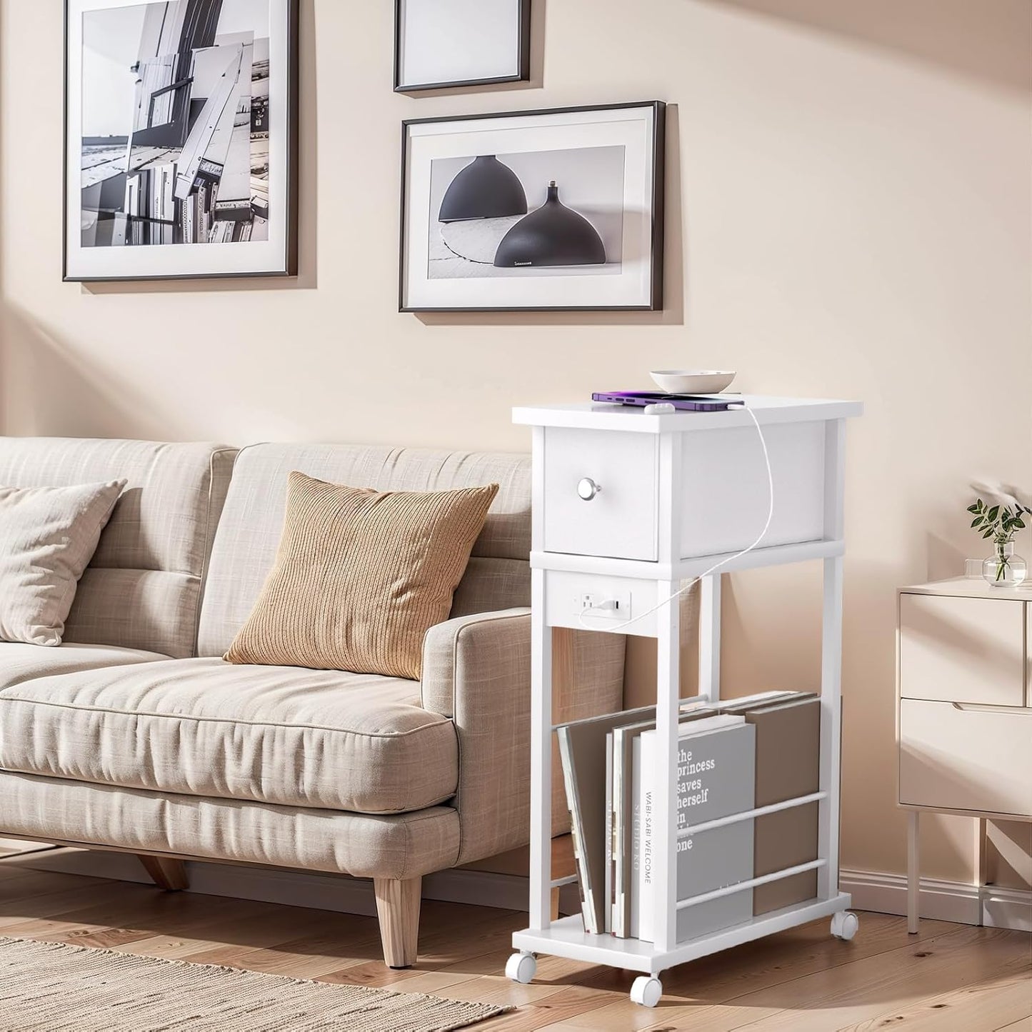 Side Table Set of 2,Side Table with Charging Station and Drawer, Narrow End Table with USB Ports and Outlets for Small Space, Living Room, Bedroom and Office, with 4 Wheels