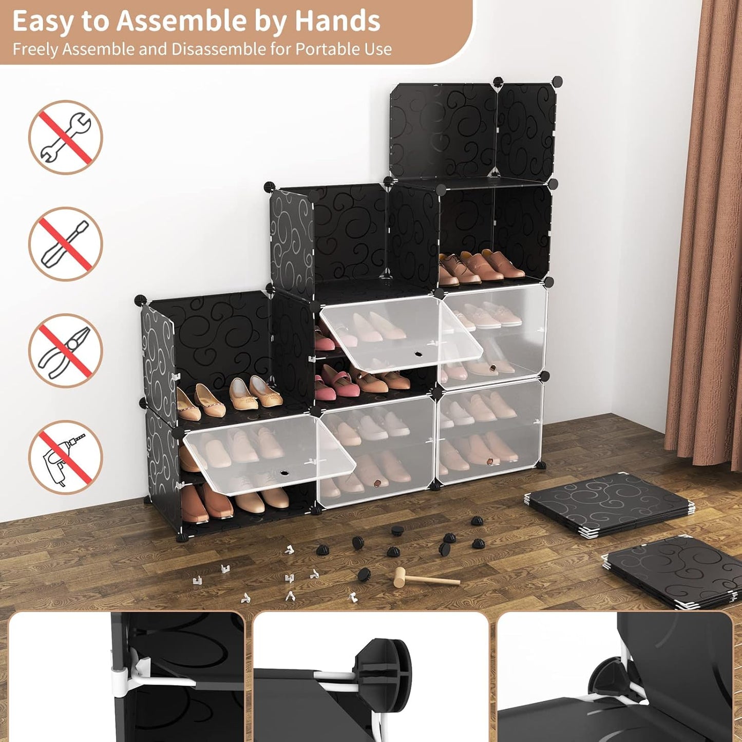 ROJASOP Portable 8-Tier Shoe Cabinet - 48-Pair Shoe Organizer with Expandable, Free Standing, Stackable Space Saving Design and 2 Exclusive Versatile Hooks for Bedroom