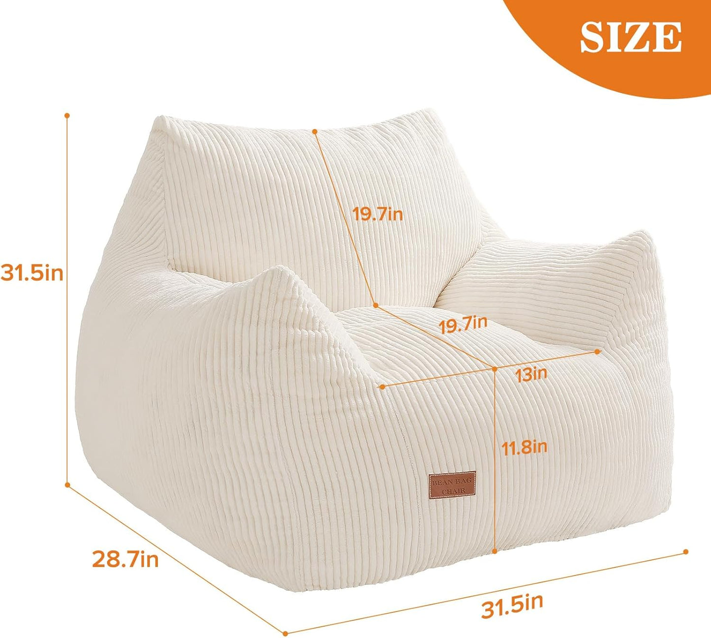 Big Bean Bag Chair for Adults & Kids, Ultra Soft Living Room Bean Bag with Armrests, Stuffed BeanBag Floor Sofa for Napping, Gaming, Lounging, Beige