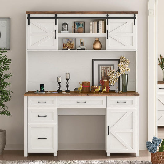 67''H Farmhouse Executive Desk with Hutch & 5 Drawers, Rustic Office Desks Computer Desks with Charging Station, File Drawers and Storage Cabinets, Wood Workspace for Home Office,Unique White.