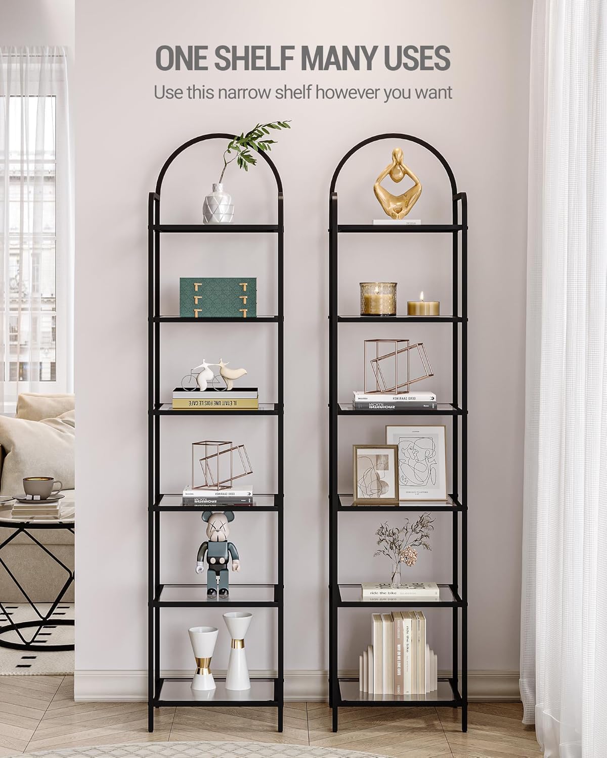 Bookcase Bookshelf, Tempered Glass Bookshelves, Slim Shelving Unit for Bedroom, Bathroom, Home Office, Steel Frame, 6 Tier Black BC10601B